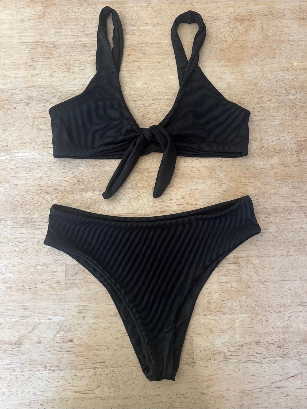 Zaful Black Ribbed Tie-Front Bikini Set